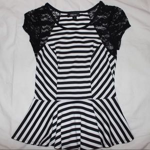 Iz Byer Striped Top with Black Lace Sleeves